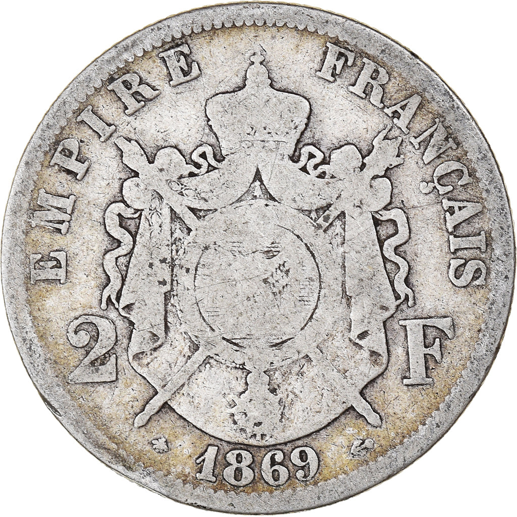 Moneda, Francia, Napoleon III, 2 Francs, 1869, Paris, BC, Plata, KM:807.1