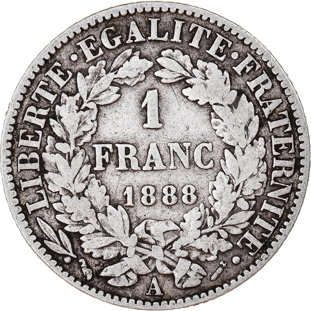 Monnaie, France, Cérès, Franc, 1888, Paris, TB, Argent, Gadoury:465a, KM:822.1