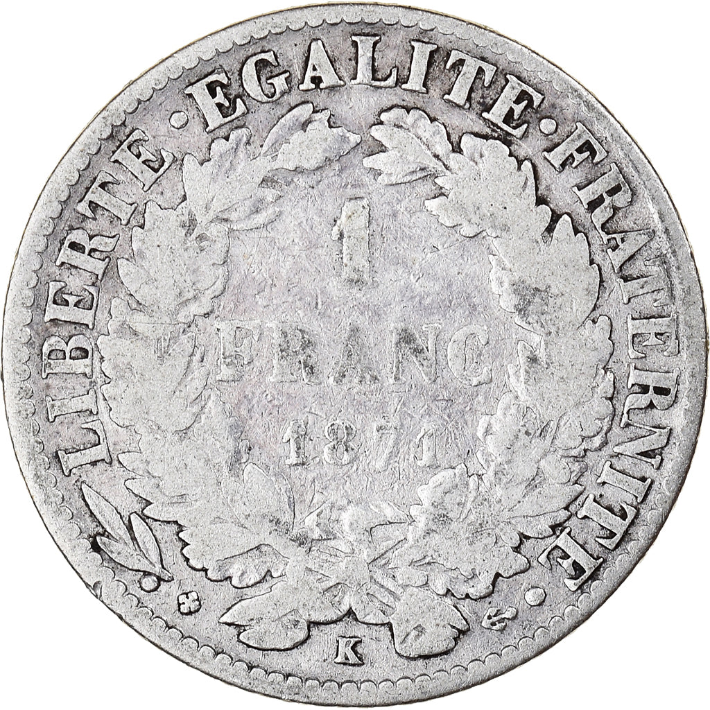 Coin, France, Cérès, Franc, 1871, Bordeaux, VF(20-25), Silver, KM:822.2