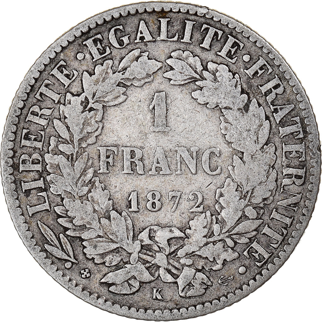 Moneta, Francia, Cérès, Franc, 1872, Bordeaux, MB, Argento, KM:822.2