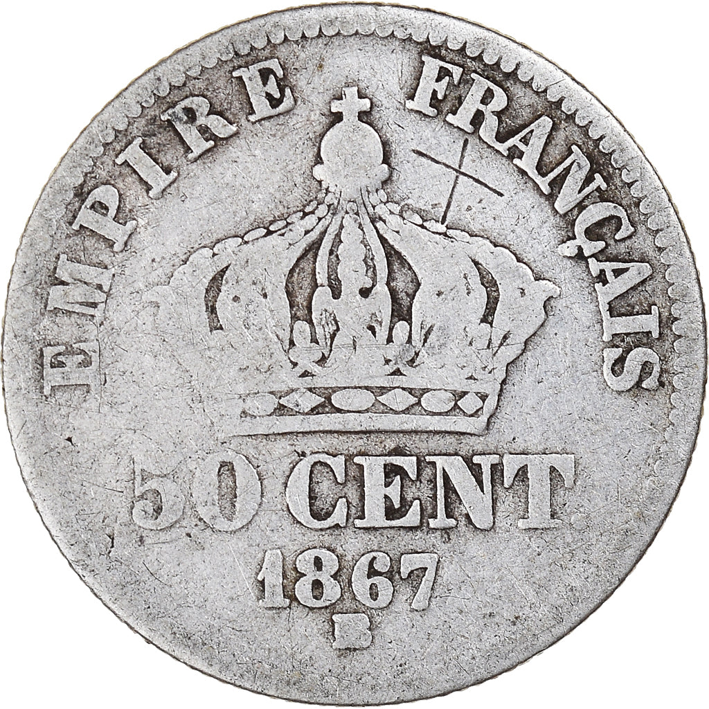 Munten, Frankrijk, Napoleon III, 50 Centimes, 1867, Strasbourg, ZG+, Zilver