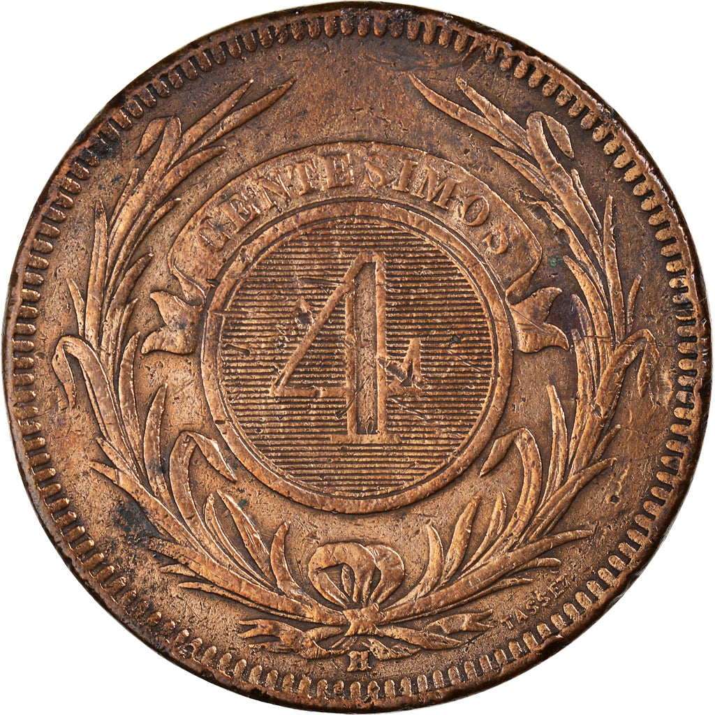 Coin, Uruguay, 4 Centesimos, 1869, Paris, VF(30-35), Bronze, KM:13