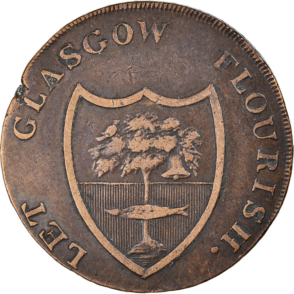Moneda, Escocia, Halfpenny Token, 1791, Glasgow, MBC, Cobre, Withers:3b