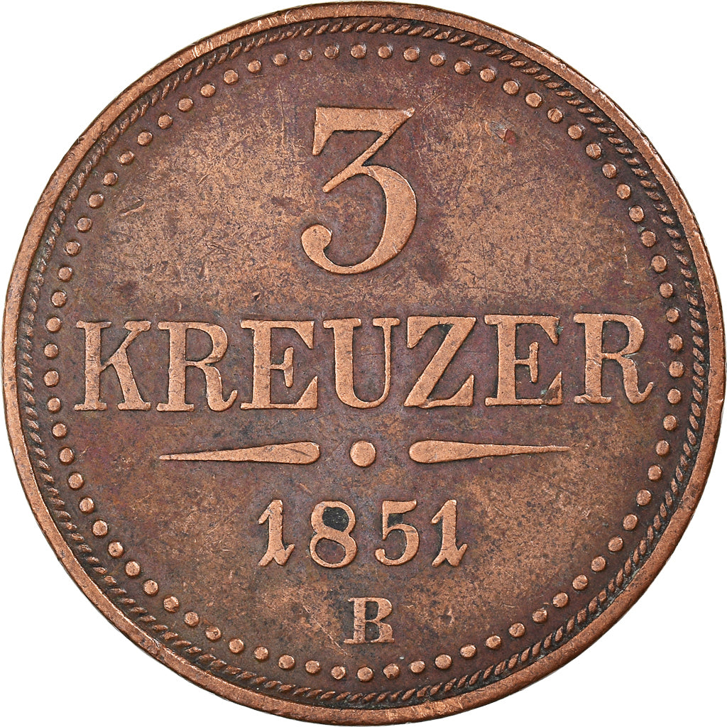 Moneta, Austria, Franz Joseph I, 3 Kreuzer, 1851, Kremnitz, EF(40-45), Miedź