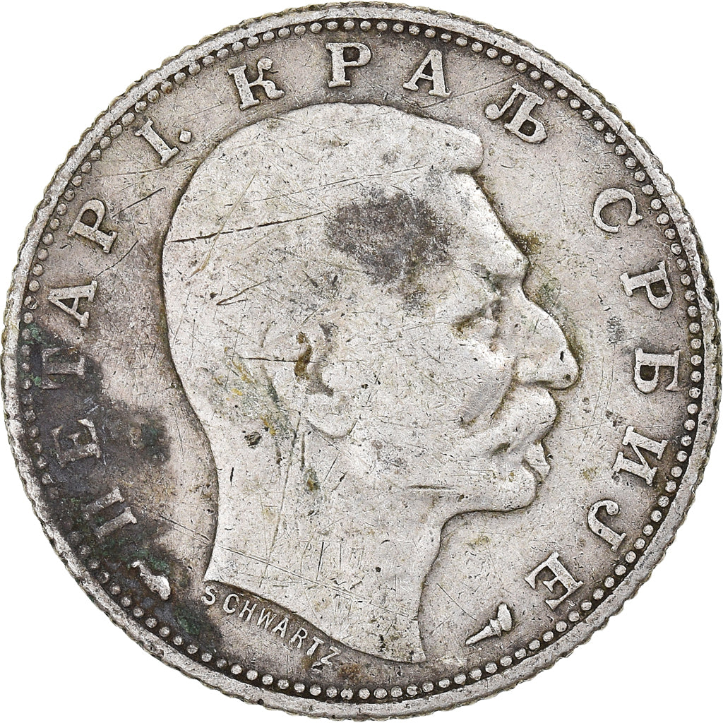 Coin, Serbia, Peter I, Dinar, 1915, Paris, VF(30-35), Silver, KM:25.3