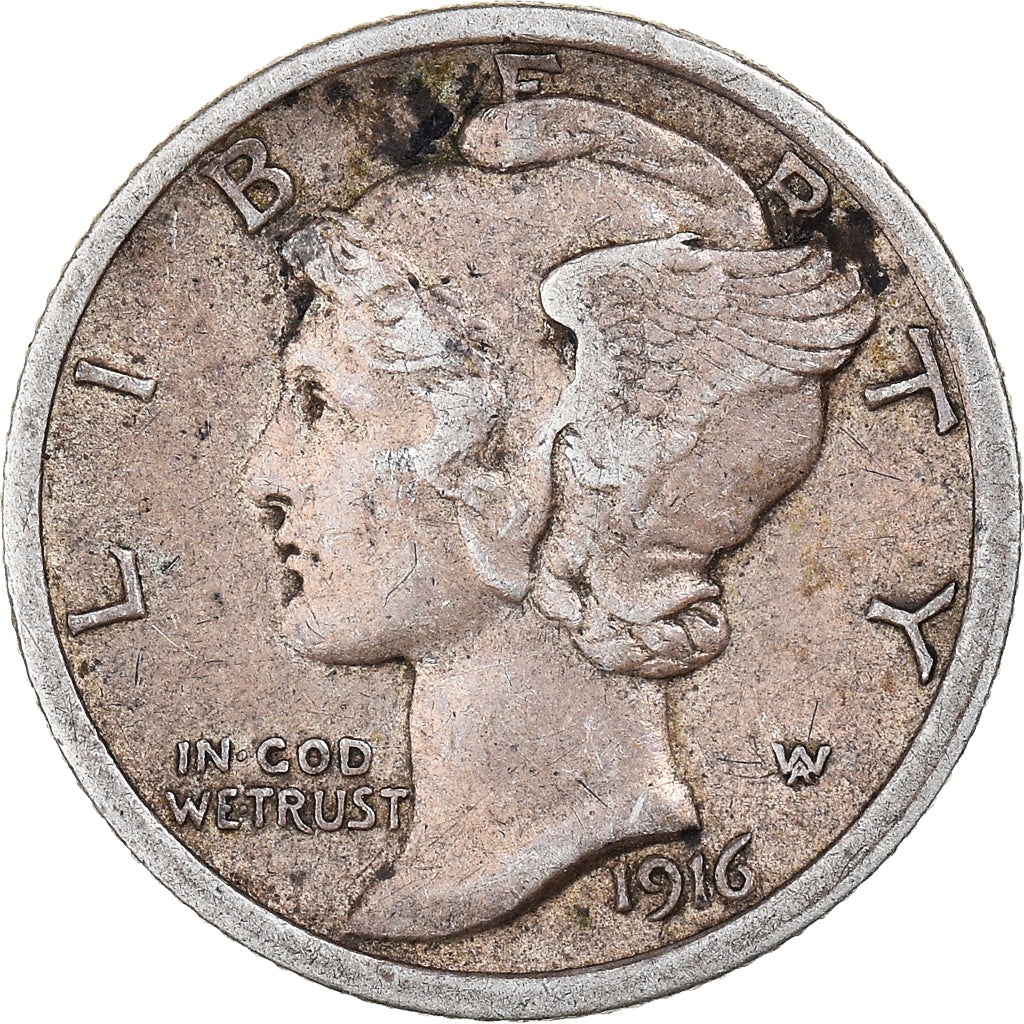Coin, United States, Mercury Dime, Dime, 1916, U.S. Mint, Philadelphia