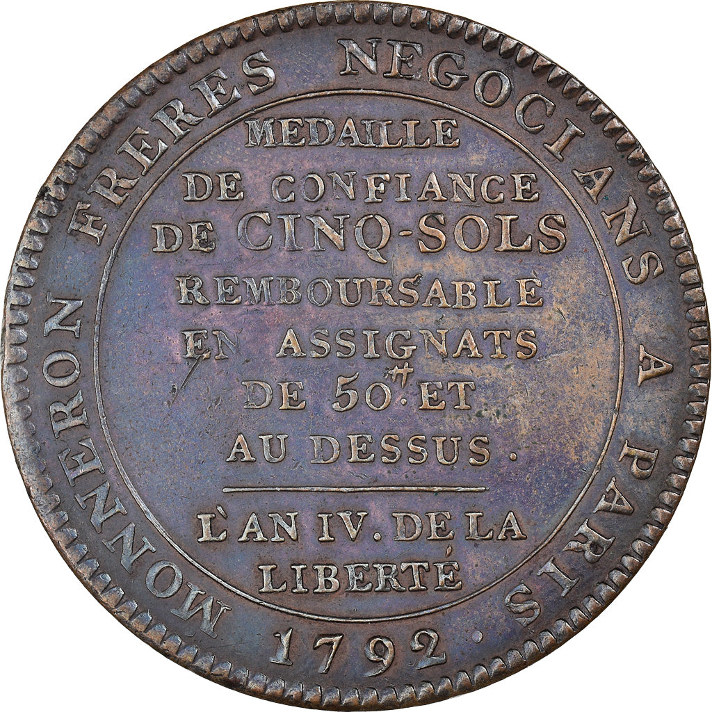 Moeda, França, 5 Sols, 1792, Birmingham, AU(50-53), Bronze, KM:Tn31
