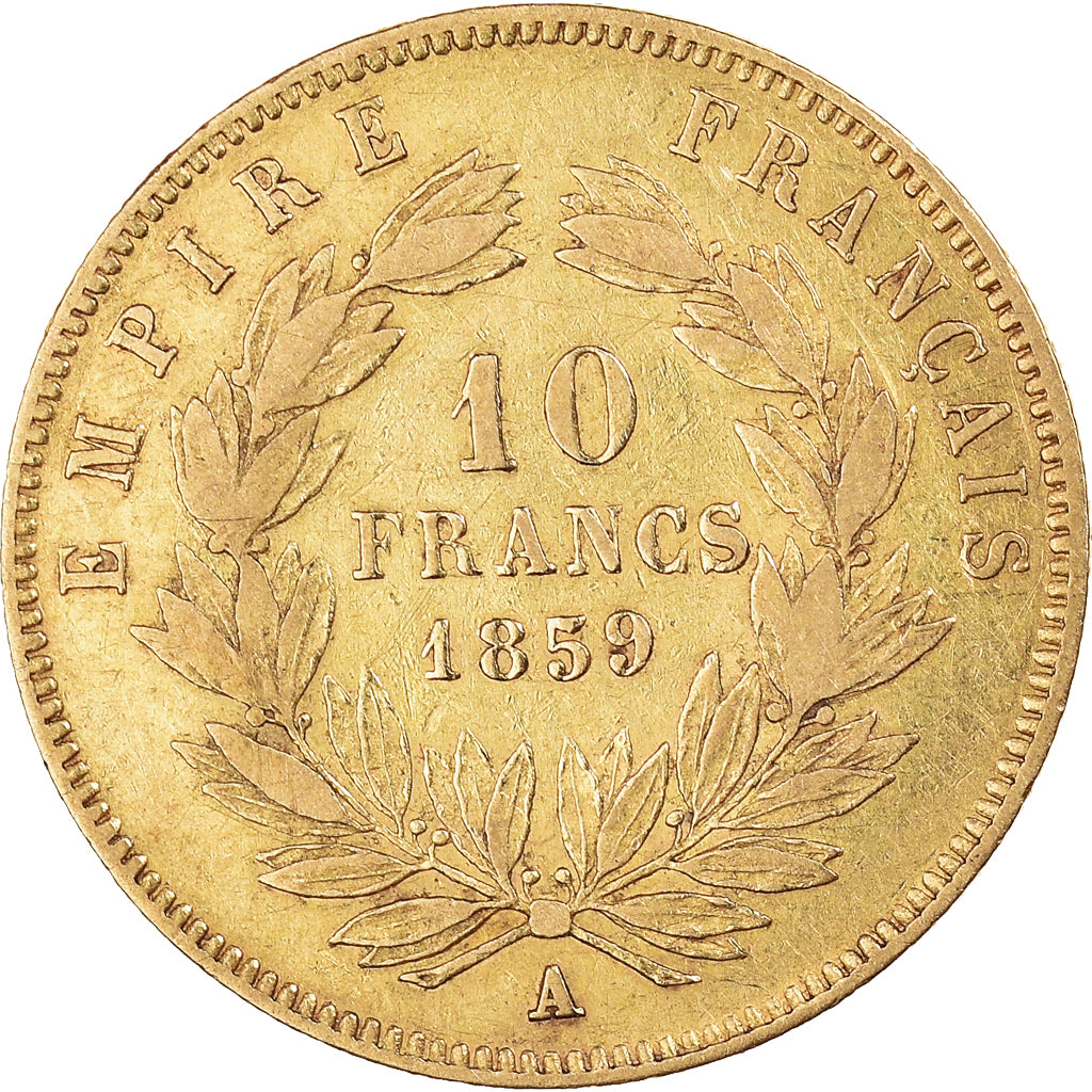 Moneda, Francia, Napoleon III, 10 Francs, 1859, Paris, BC+, Oro