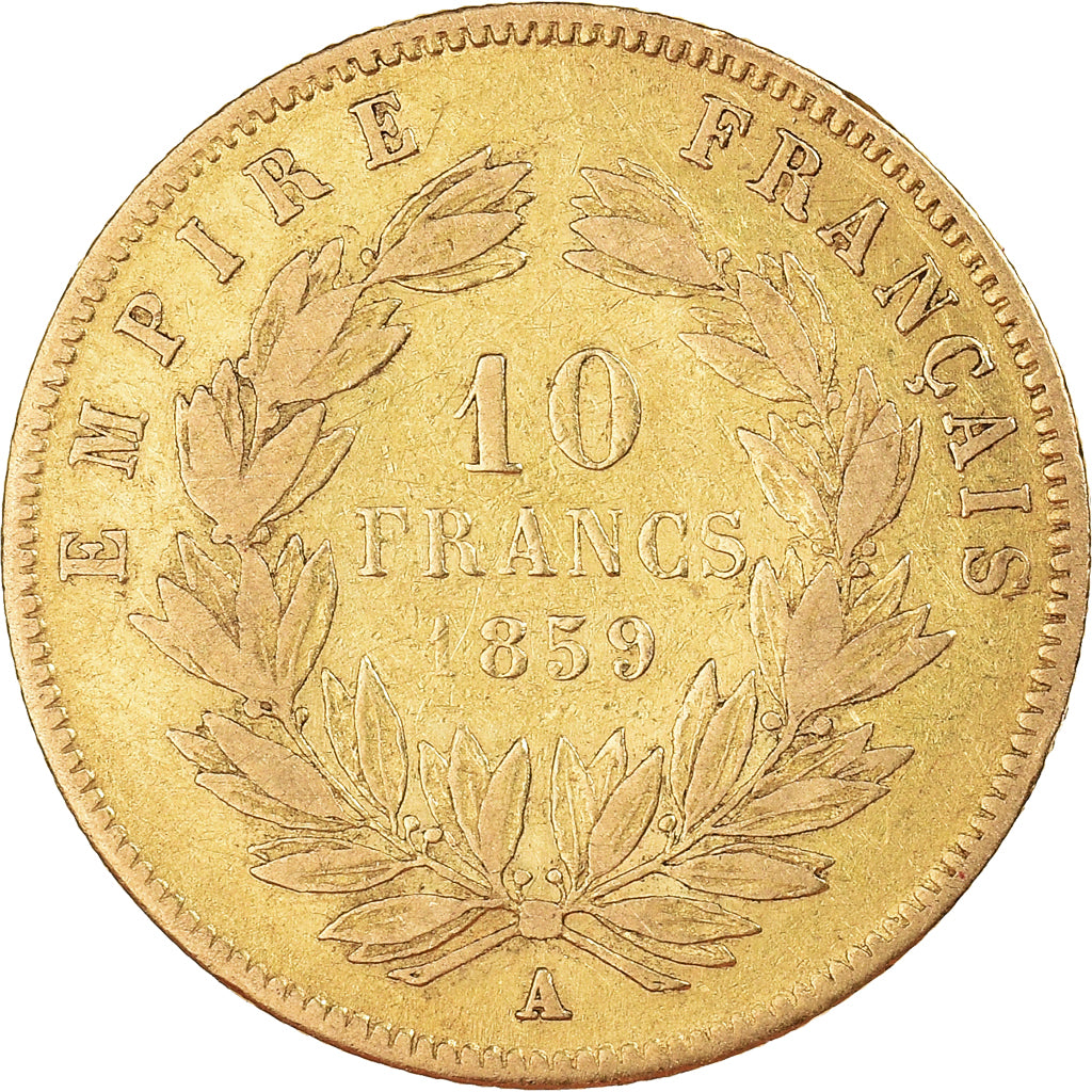 Moneda, Francia, Napoleon III, 10 Francs, 1859, Paris, BC+, Oro