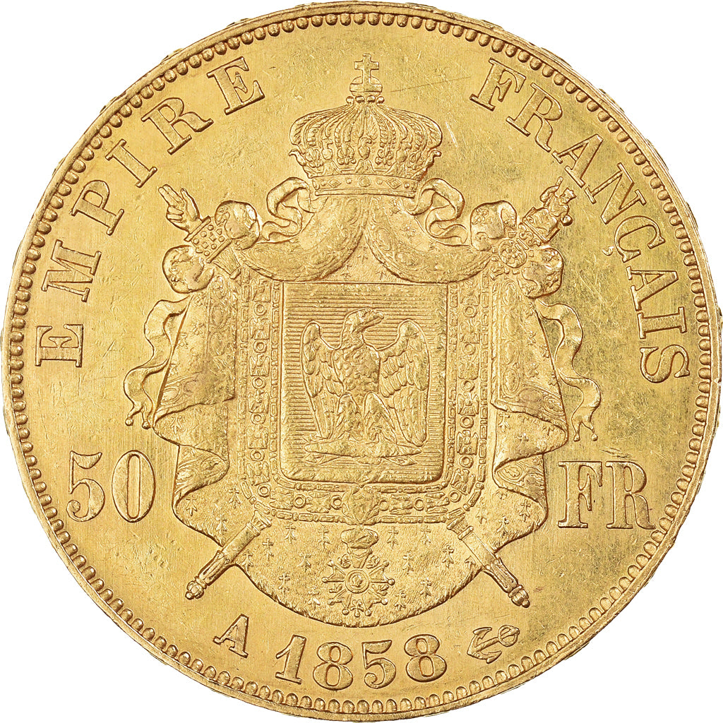 Munten, Frankrijk, Napoleon III, 50 Francs, 1858, Paris, ZF+, Goud, KM:785.1