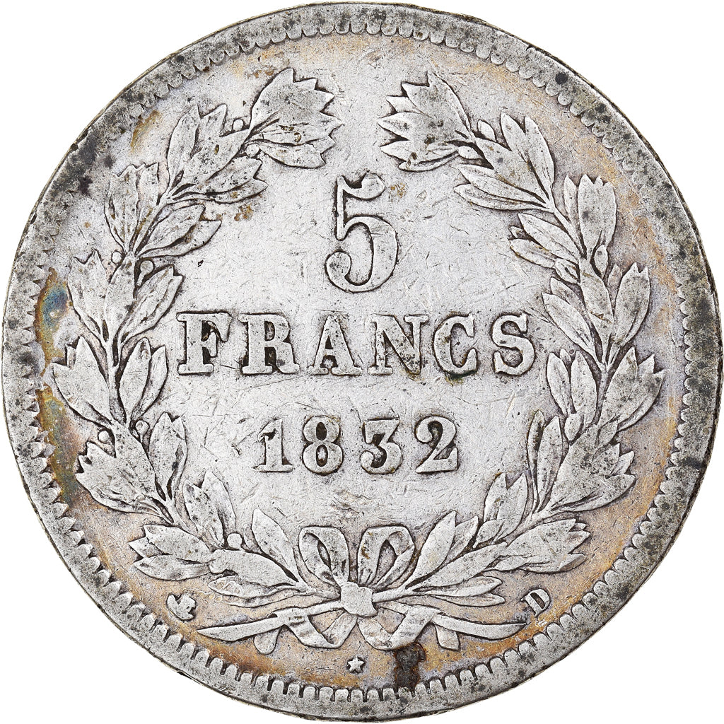 Moeda, França, Louis-Philippe, 5 Francs, 1832, Lyon, VF(20-25), Prata