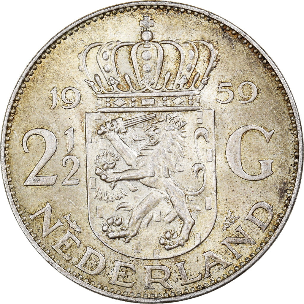 Coin, Netherlands, Juliana, 2-1/2 Gulden, 1959, AU(55-58), Silver, KM:185