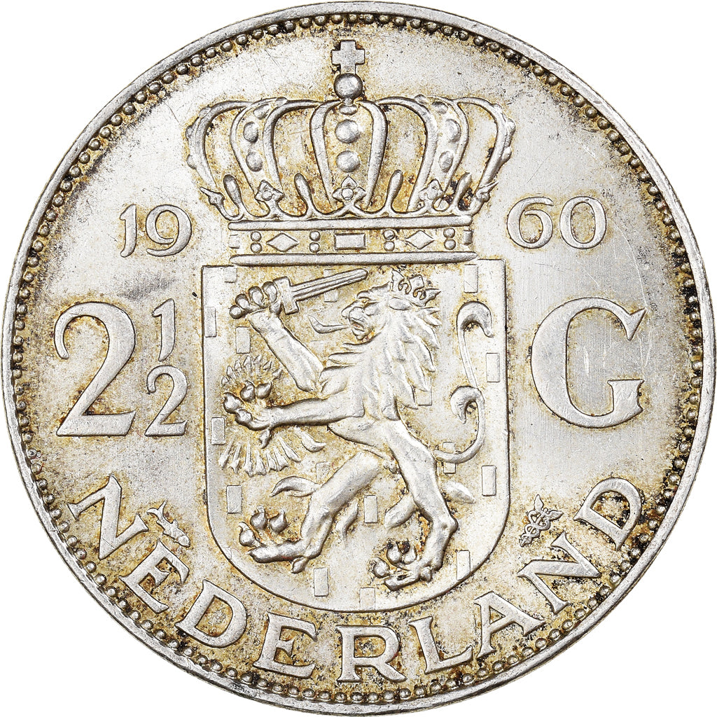 Coin, Netherlands, Juliana, 2-1/2 Gulden, 1960, MS(60-62), Silver, KM:185