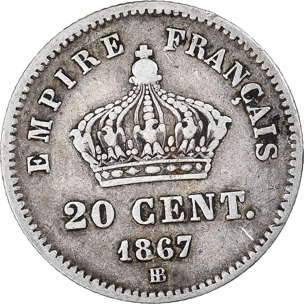 Coin, France, Napoleon III, 20 Centimes, 1867, Strasbourg, EF(40-45), Silver
