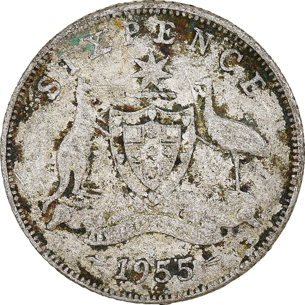 Coin, Australia, Elizabeth II, Sixpence, 1955, Melbourne, VF(30-35), Silver