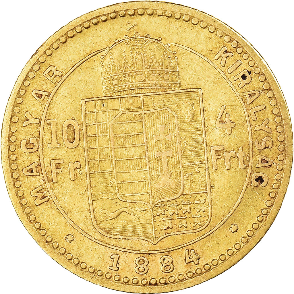 Munten, Hongarije, Franz Joseph I, 4 Forint 10 Francs, 1884, ZF+, Goud, KM:466