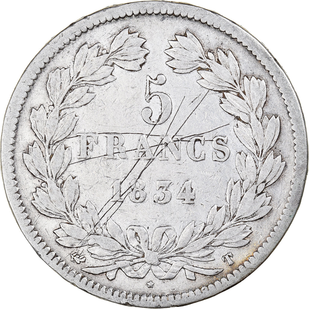 Coin, France, Louis-Philippe, 5 Francs, 1834, Nantes, VF(20-25), Silver
