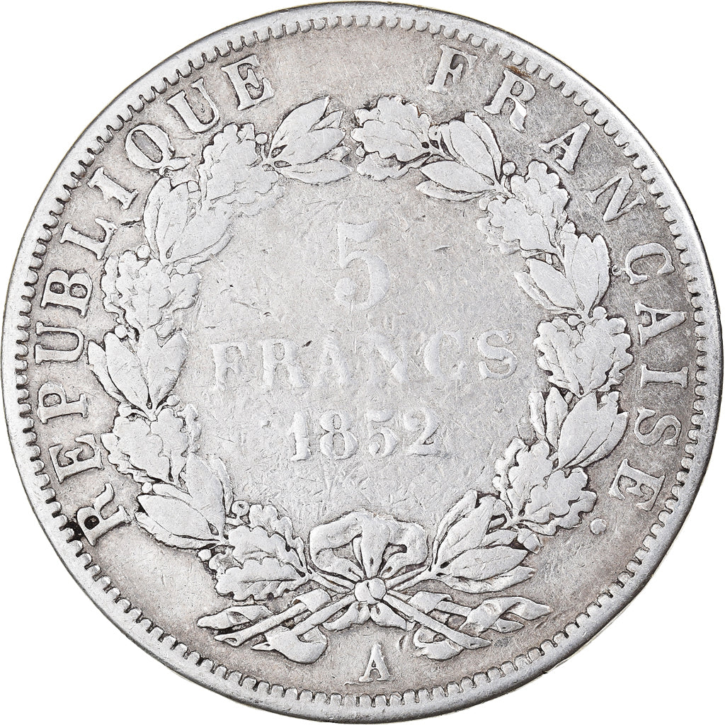 Moeda, França, Napoléon III, 5 Francs, 1852, Paris, F(12-15), Prata, KM:773.1
