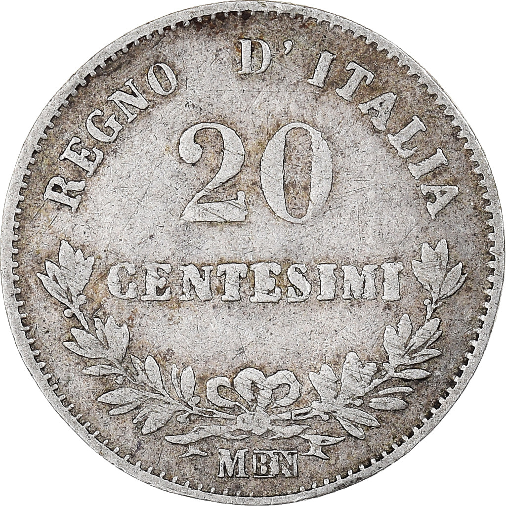 Moneda, Italia, Vittorio Emanuele II, 20 Centesimi, 1863, Milan, MBC, Plata