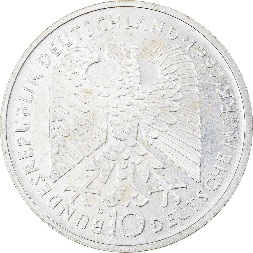 Coin, GERMANY - FEDERAL REPUBLIC, 10 Mark, 1997, Munich, MS(63), Silver, KM:190