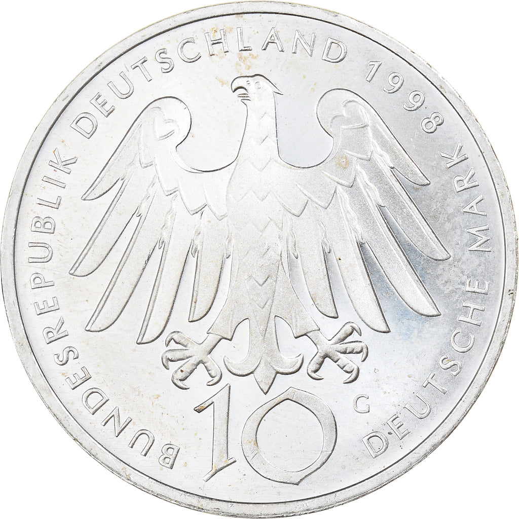 Coin, GERMANY - FEDERAL REPUBLIC, 10 Mark, 1998, Karlsruhe, MS(63), Silver