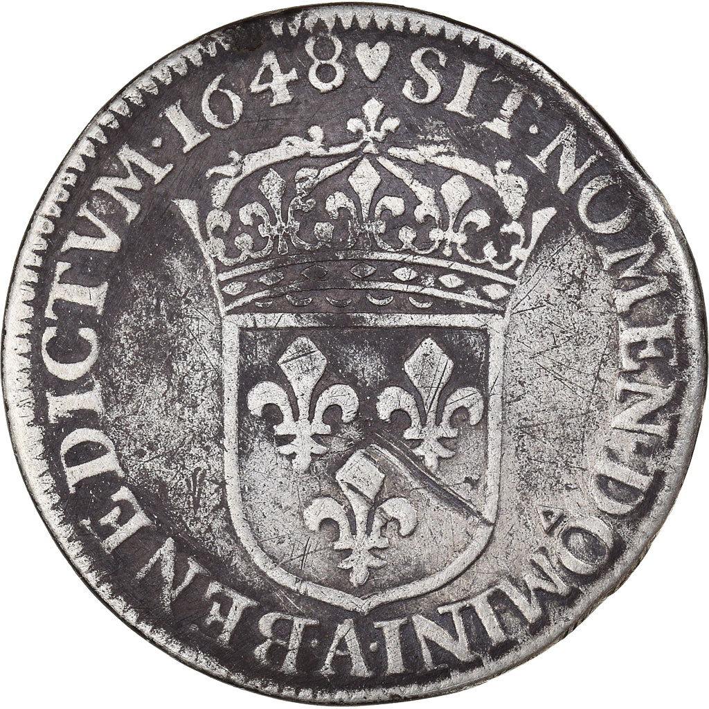 Moeda, França, Louis XIV, 1/4 Écu à la mèche longue, 1648, Paris, VF(20-25)