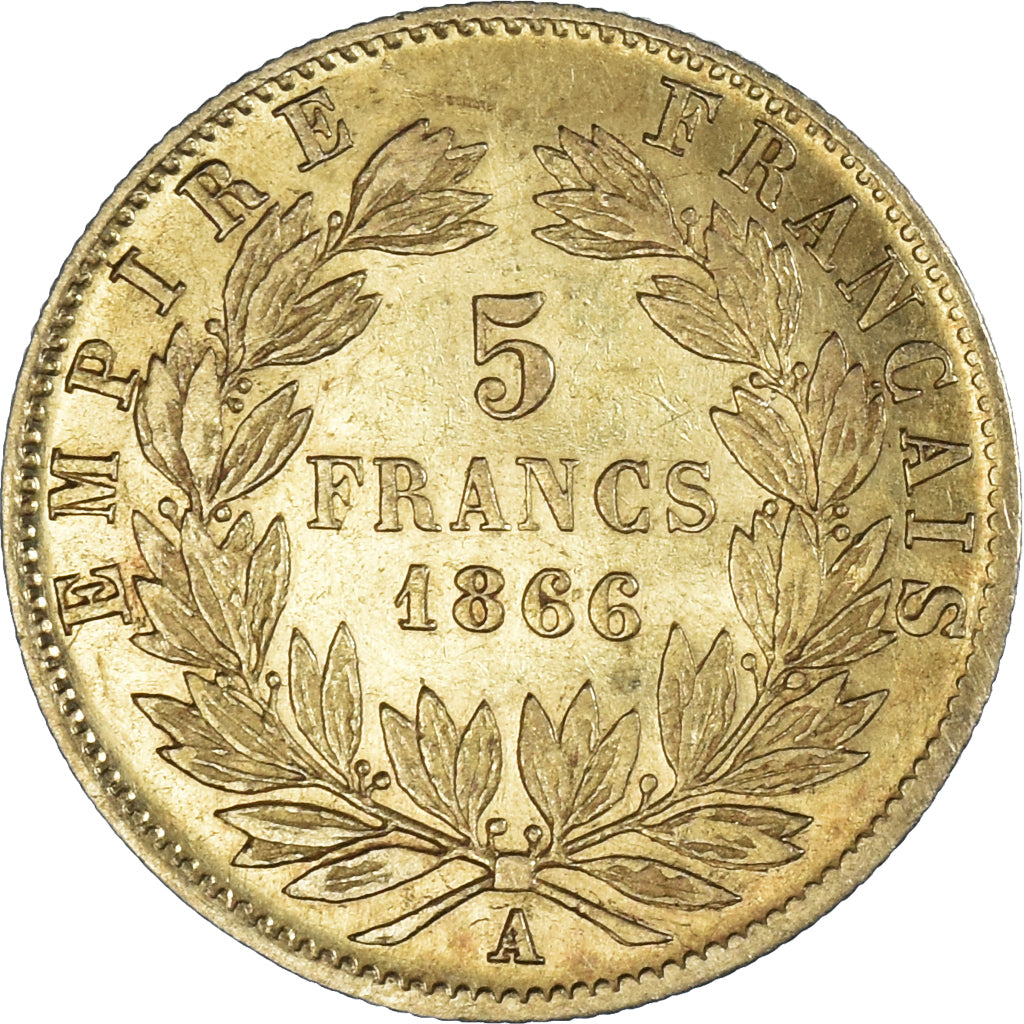 Moneda, Francia, Napoleon III, 5 Francs, 1866, Paris, MBC+, Oro, KM:803.1
