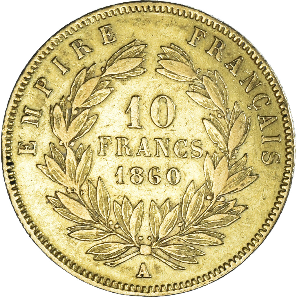 Moneda, Francia, Napoleon III, 10 Francs, 1860, Paris, MBC, Oro, KM:784.3