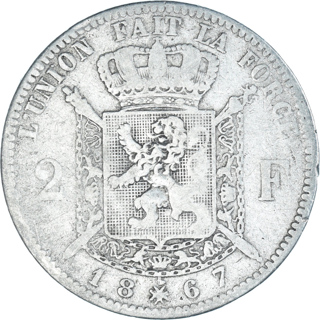 Coin, Belgium, Leopold II, 2 Francs, 2 Frank, 1867, Brussels, F(12-15), Silver