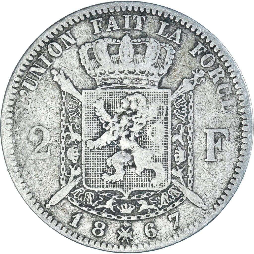 Coin, Belgium, Leopold II, 2 Francs, 2 Frank, 1867, Brussels, F(12-15), Silver