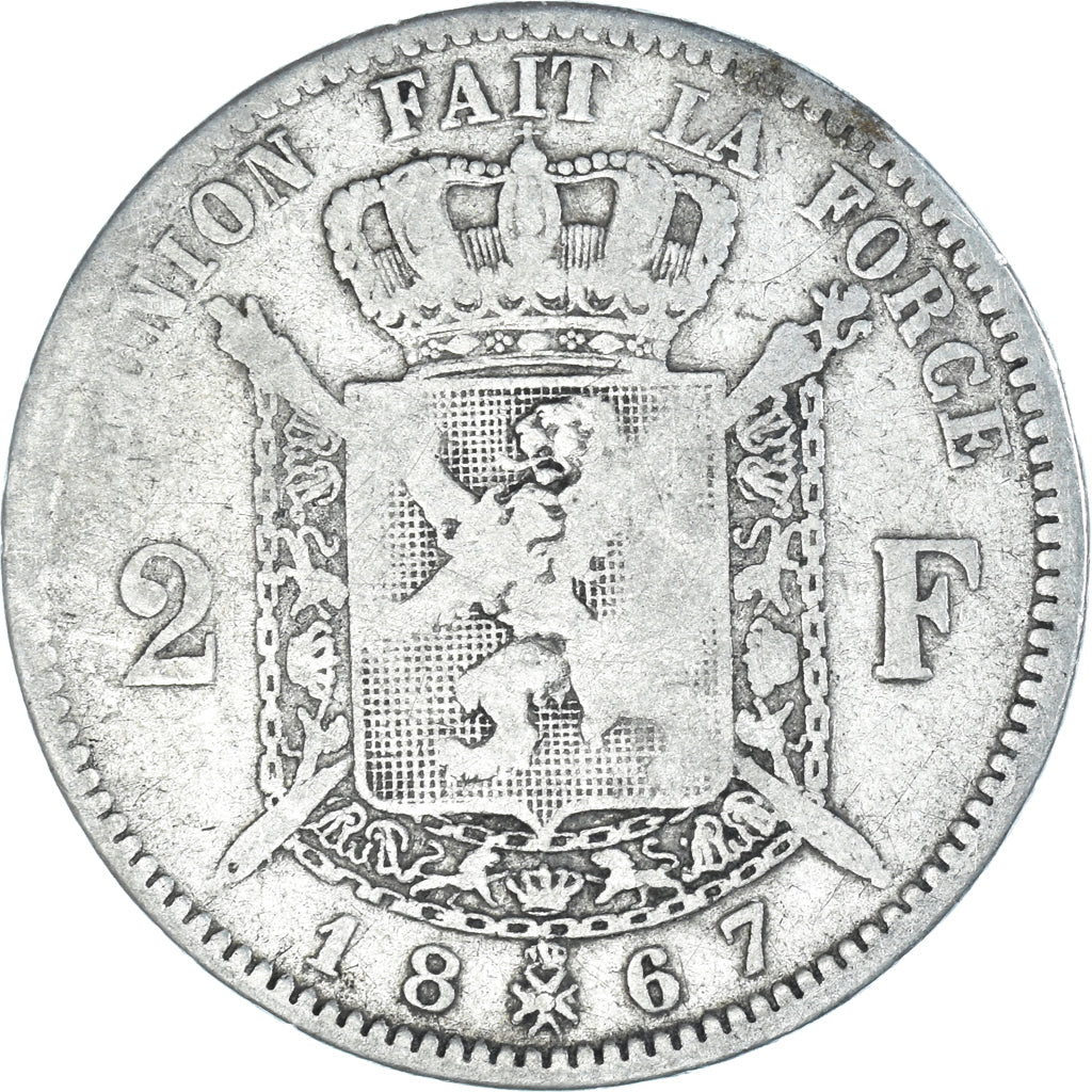 Coin, Belgium, Leopold II, 2 Francs, 2 Frank, 1867, Brussels, F(12-15), Silver
