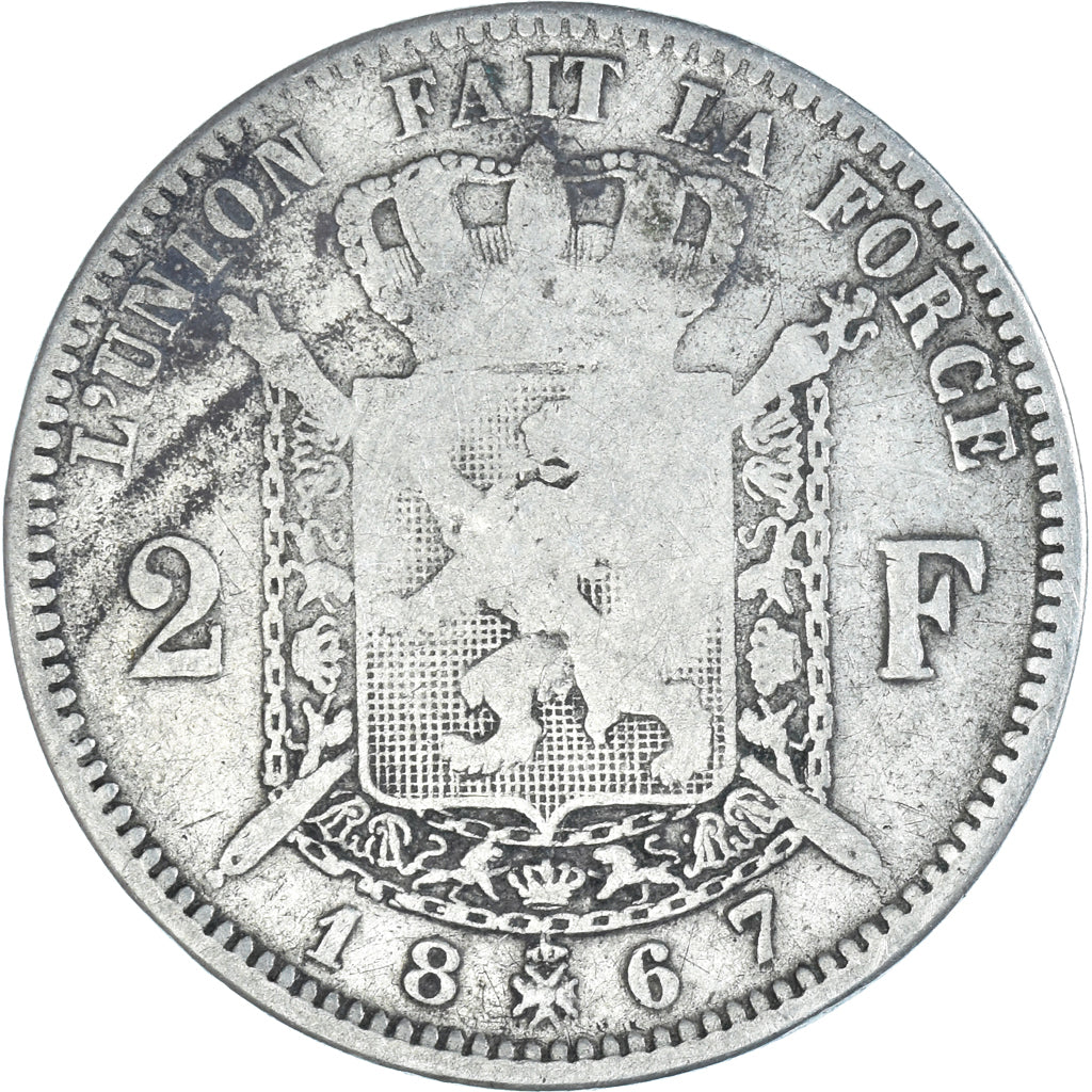 Coin, Belgium, Leopold II, 2 Francs, 2 Frank, 1867, Brussels, F(12-15), Silver