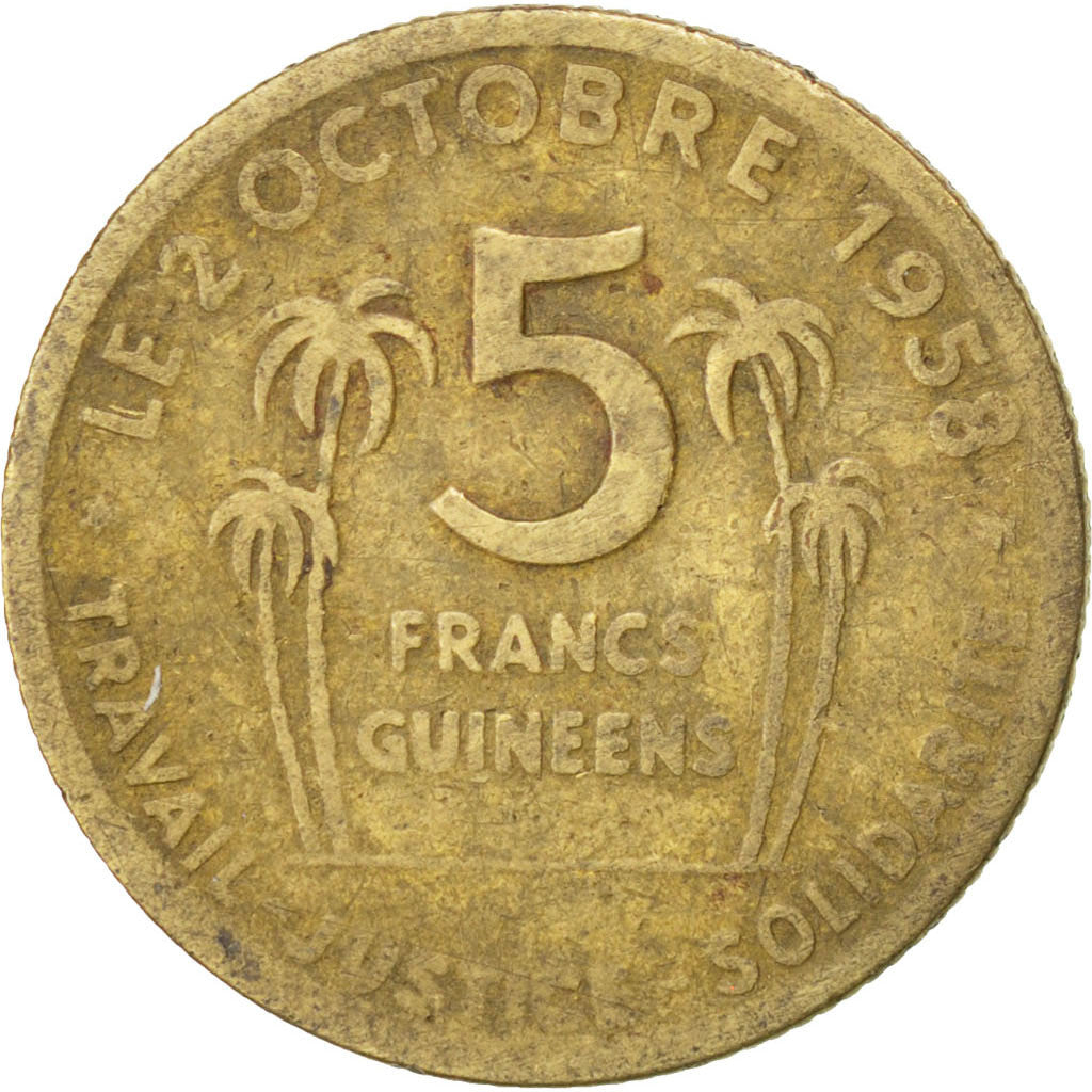 GUINEA, 5 Francs, 1959, KM #1, F(12-15), Aluminum-Bronze, 2.91