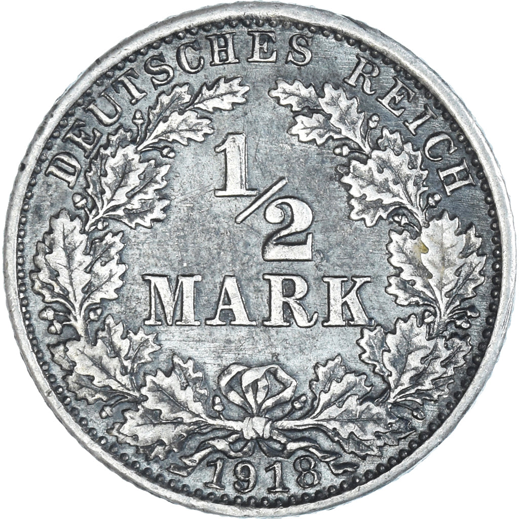 Coin, GERMANY - EMPIRE, 1/2 Mark, 1918, Karlsruhe, EF(40-45), Silver, KM:17