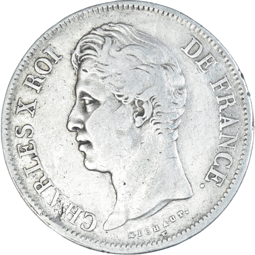 Moeda, França, Charles X, 5 Francs, 1827, Lille, VF(30-35), Prata, KM:728.13