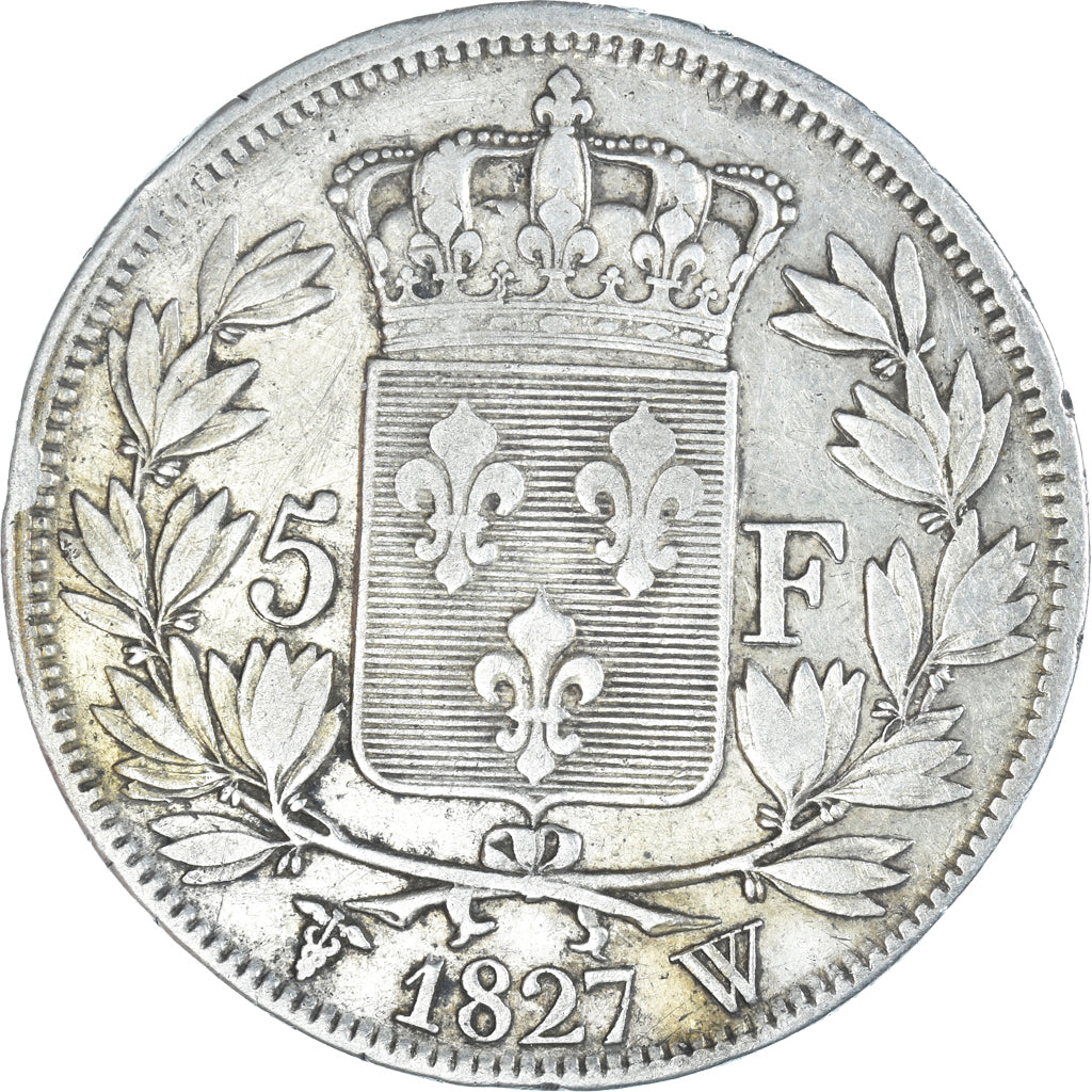 Moeda, França, Charles X, 5 Francs, 1827, Lille, VF(30-35), Prata, KM:728.13