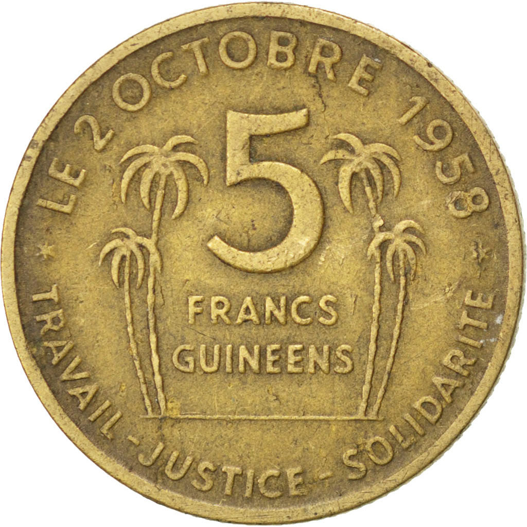 GUINEA, 5 Francs, 1959, KM #1, VF(20-25), Aluminum-Bronze, 2.96