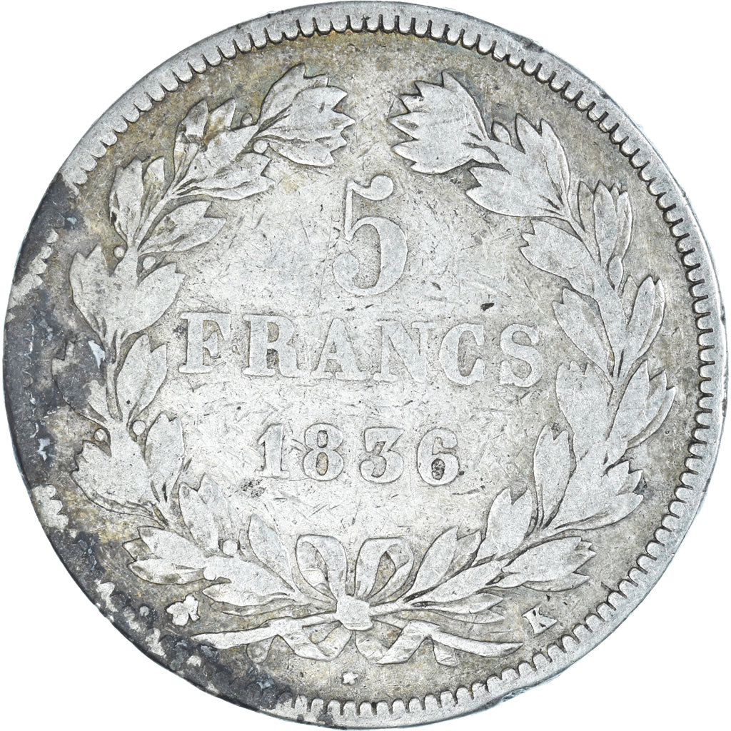 Münze, Frankreich, Louis-Philippe, 5 Francs, 1836, Bordeaux, S, Silber