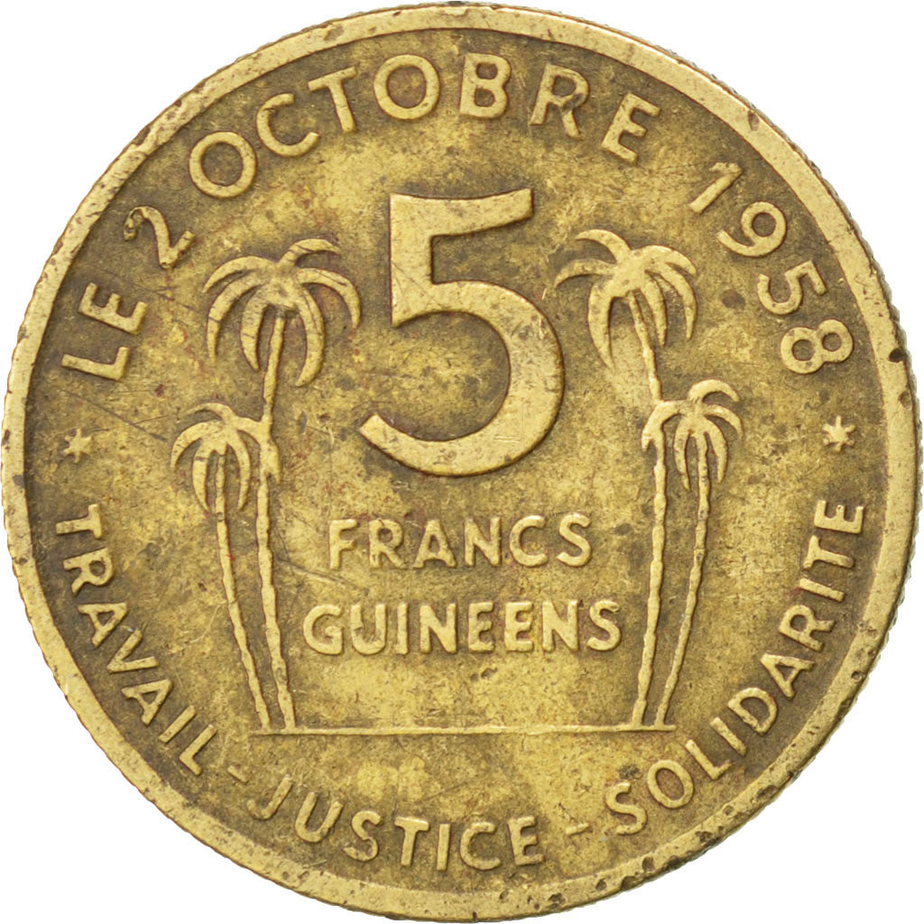 GUINEA, 5 Francs, 1959, KM #1, VF(20-25), Aluminum-Bronze, 3.06