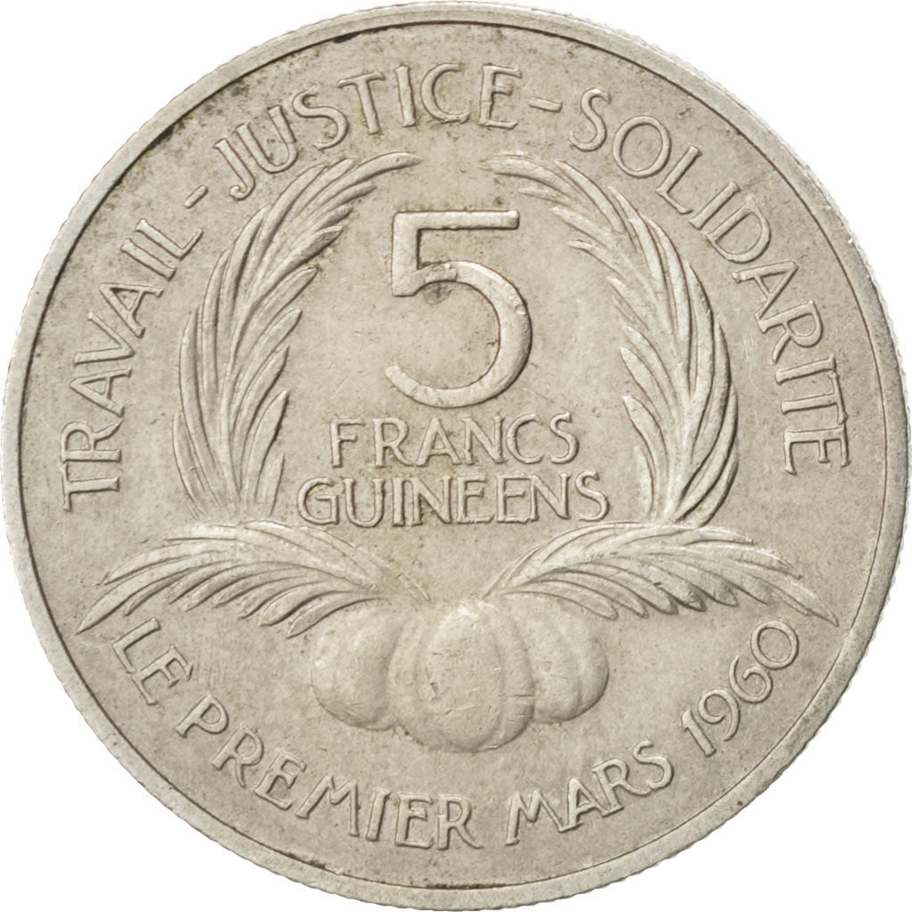 GUINEA, 5 Francs, 1962, KM #5, EF(40-45), Copper-Nickel, 20, 3.44