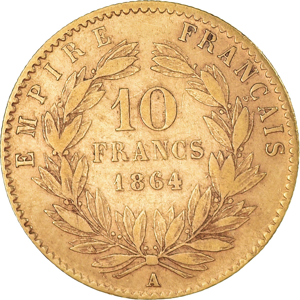 Moneda, Francia, Napoleon III, 10 Francs, 1864, Paris, MBC, Oro, KM:800.1