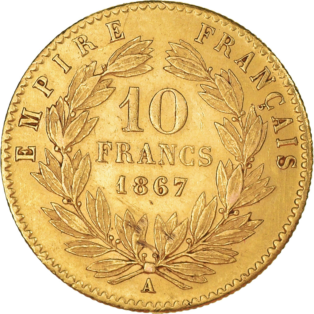 Coin, France, Napoleon III, 10 Francs, 1867, Paris, AU(50-53), Gold, KM:800.1