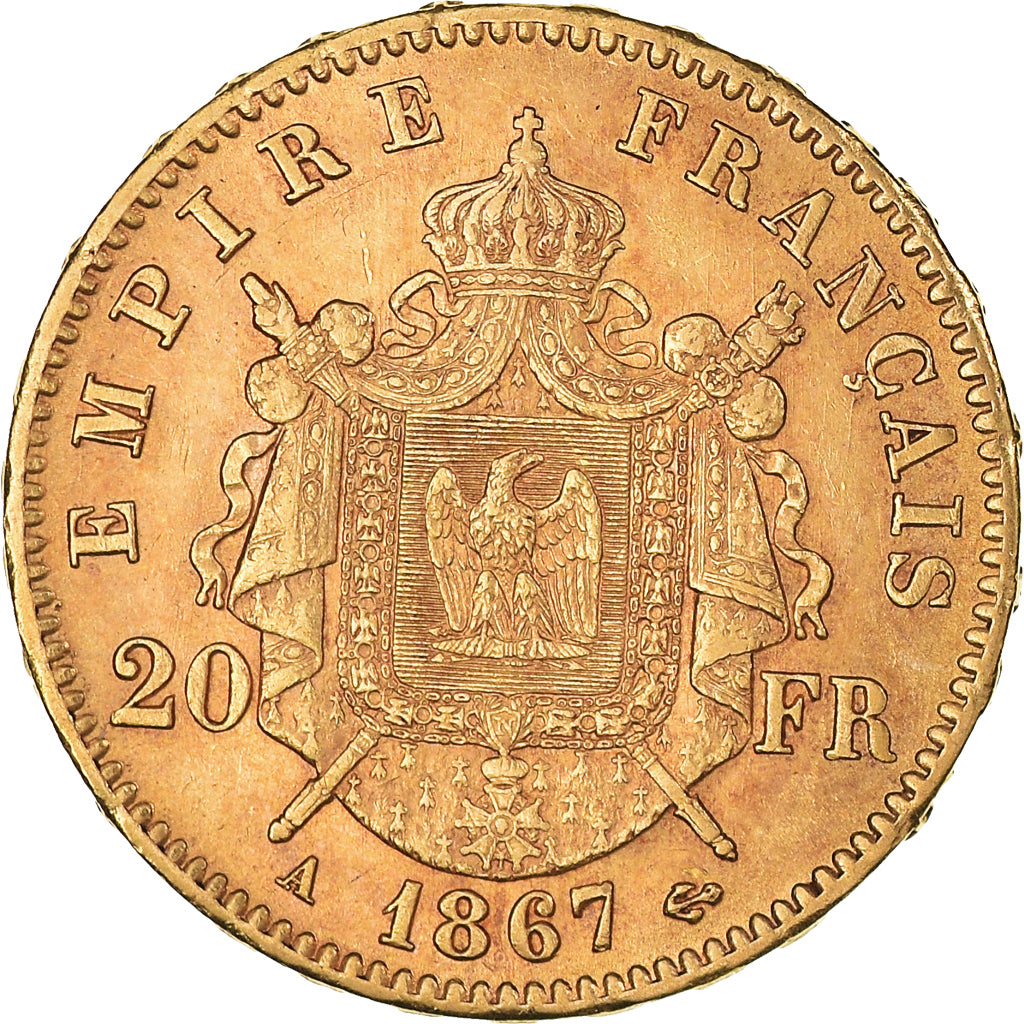 Moneta, Francia, Napoleon III, 20 Francs, 1867, Paris, SPL-, Oro, KM:801.1