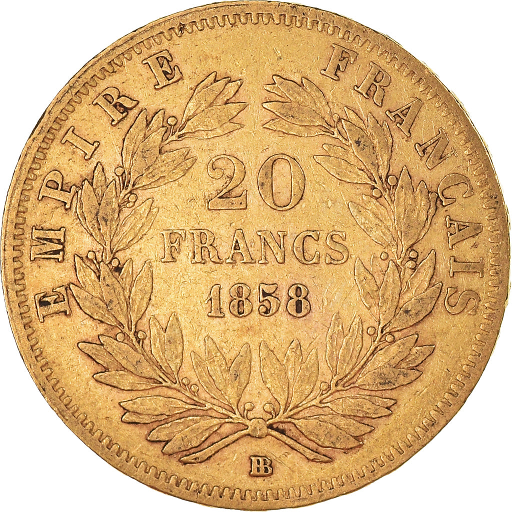 Moneta, Francja, Napoleon III, 20 Francs, 1858, Strasbourg, VF(30-35), Złoto