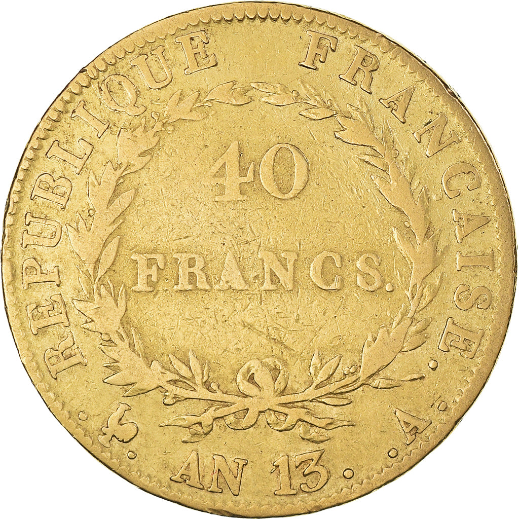 Moeda, França, Napoléon I, 40 Francs, AN 13, Paris, VF(20-25), Dourado