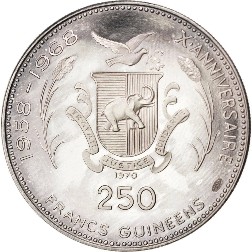 GUINEA, 250 Francs, 1970, KM #21, MS(63), Silver, 14.53