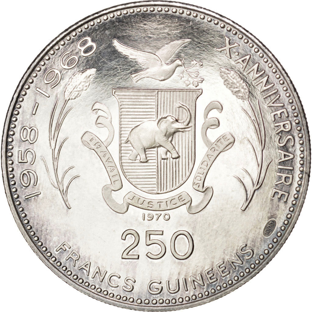 GUINEA, 250 Francs, 1970, KM #12, MS(63), Silver, 36, 14.43