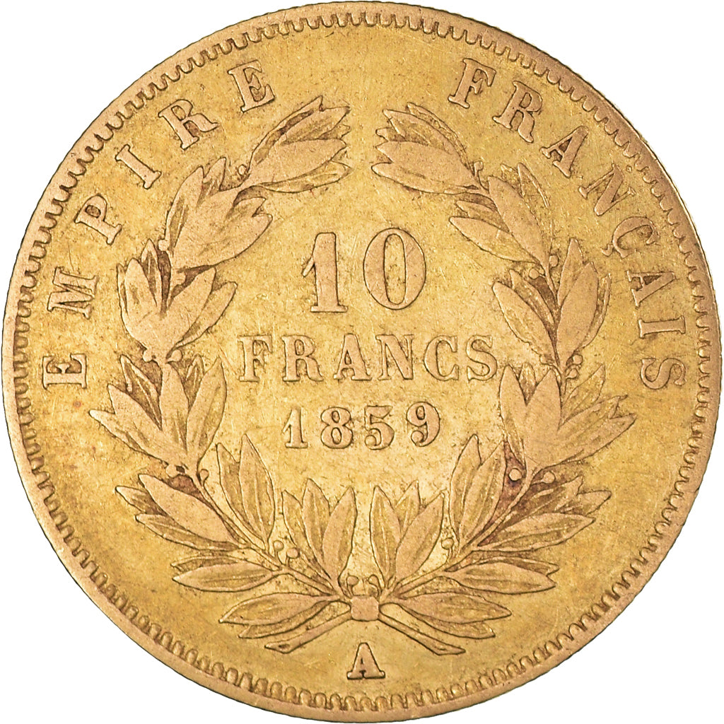 Moeda, França, Napoleon III, 10 Francs, 1859, Paris, VF(20-25), Dourado