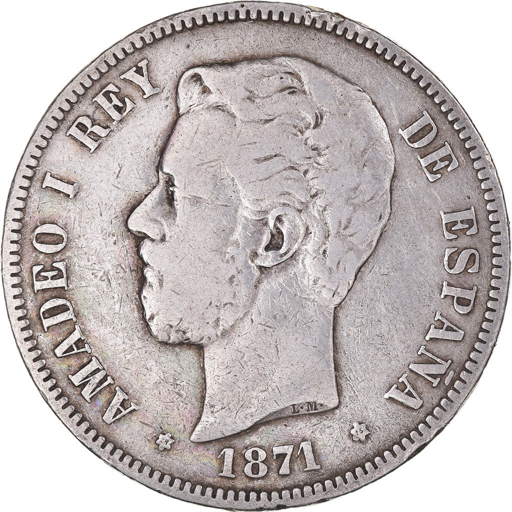 Moneda, España, Amadeao I, 5 Pesetas, 1871 (75), Madrid, BC+, Plata, KM:666