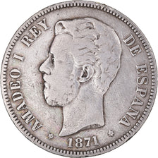 Moneda, España, Amadeao I, 5 Pesetas, 1871 (75), Madrid, BC+, Plata, KM:666